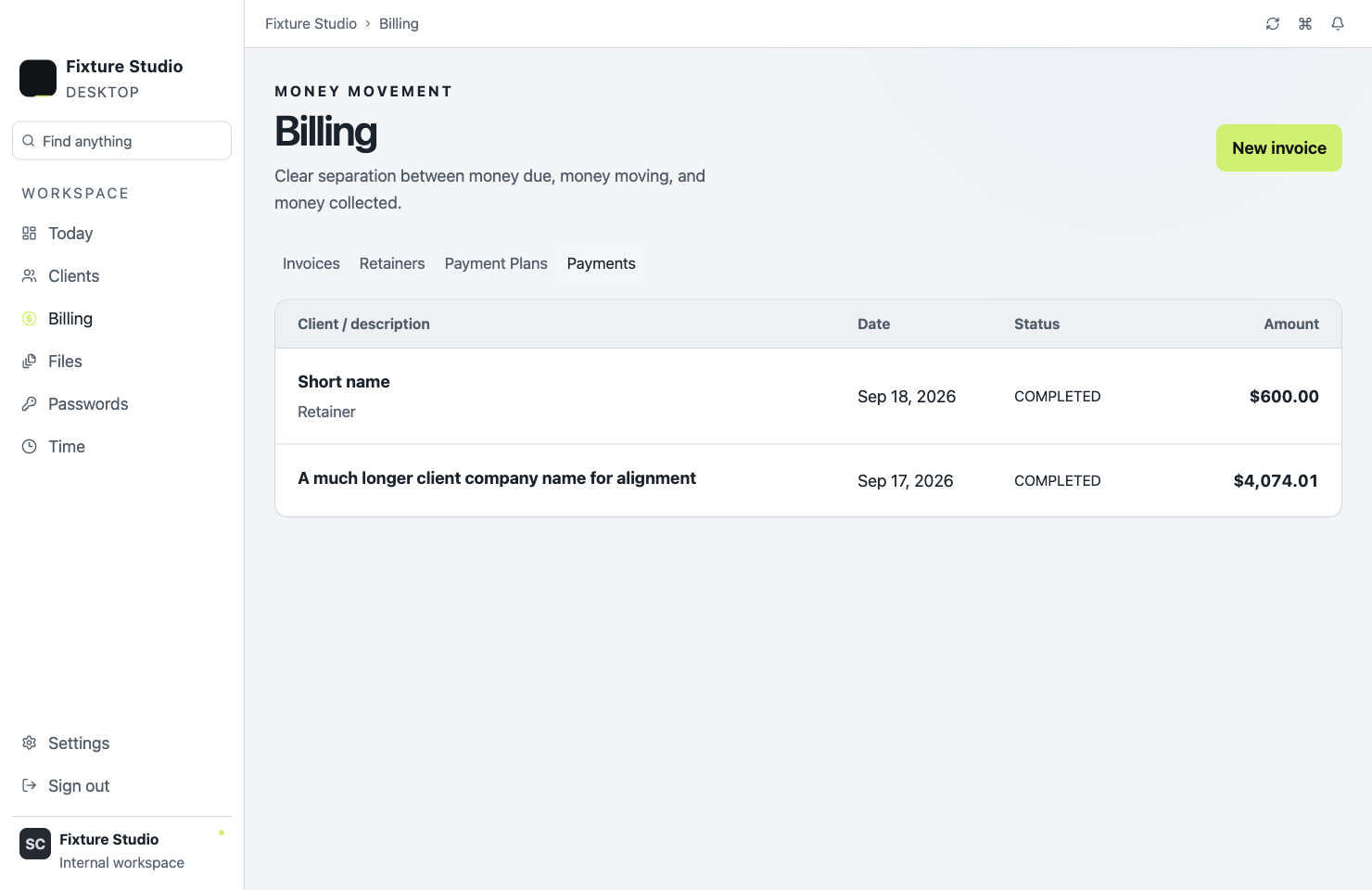 Billing workspace showing invoices and payments