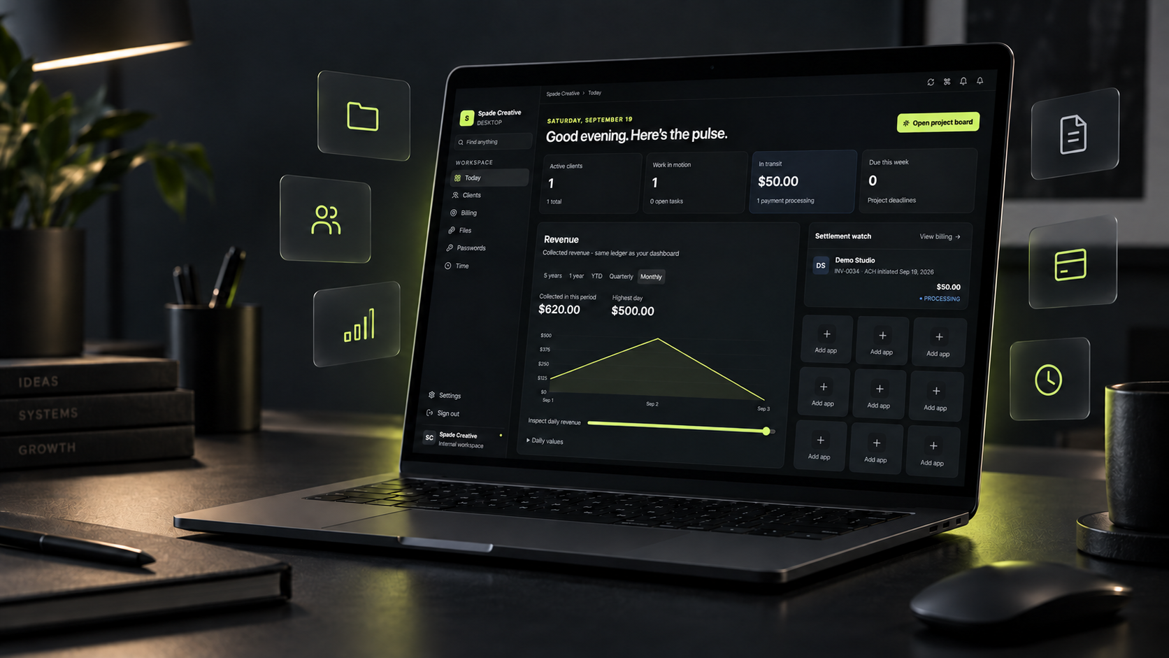 Command Center Today dashboard shown on a Mac laptop in a creative studio